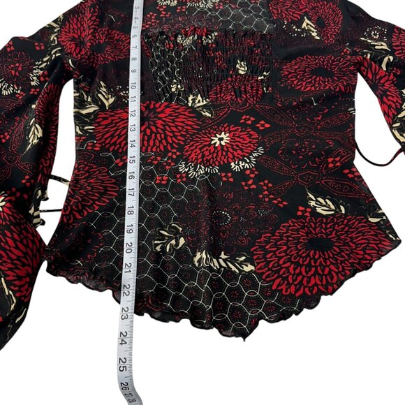 MCM Y2K Vintage Women Black & Red Floral Goth Top SZ XL Bell Asymmetric Sleeve - Picture 6 of 16